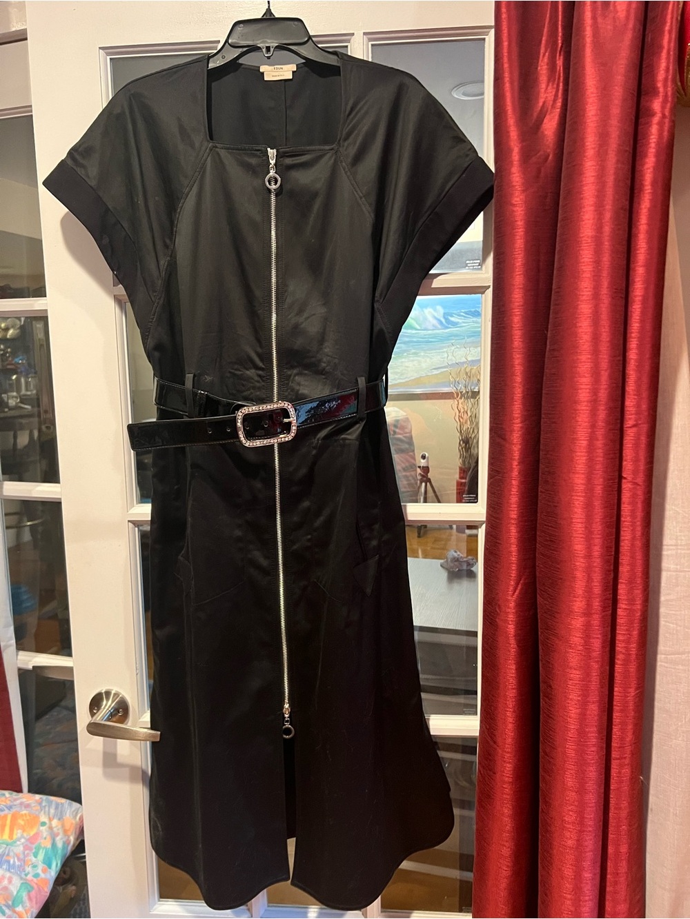 EDUN Black Midi Dress with Front Zip and Patent Buckle Belt